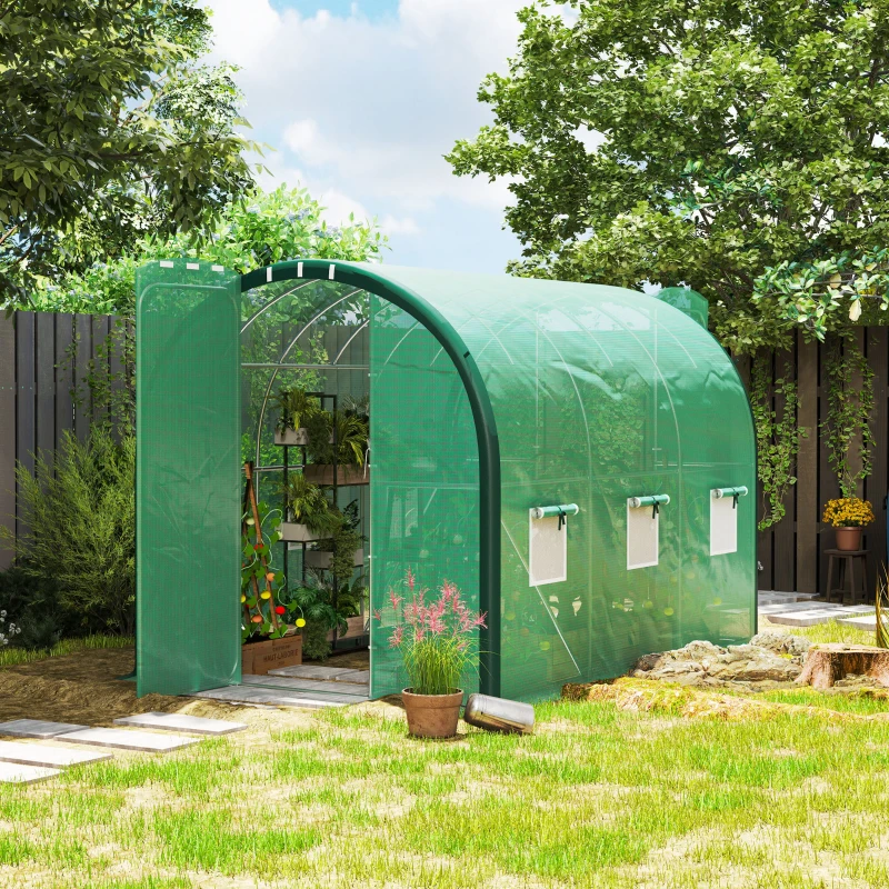 Outsunny 3 x 2 (m) Polytunnel Greenhouse, with Windows and Doors - Green