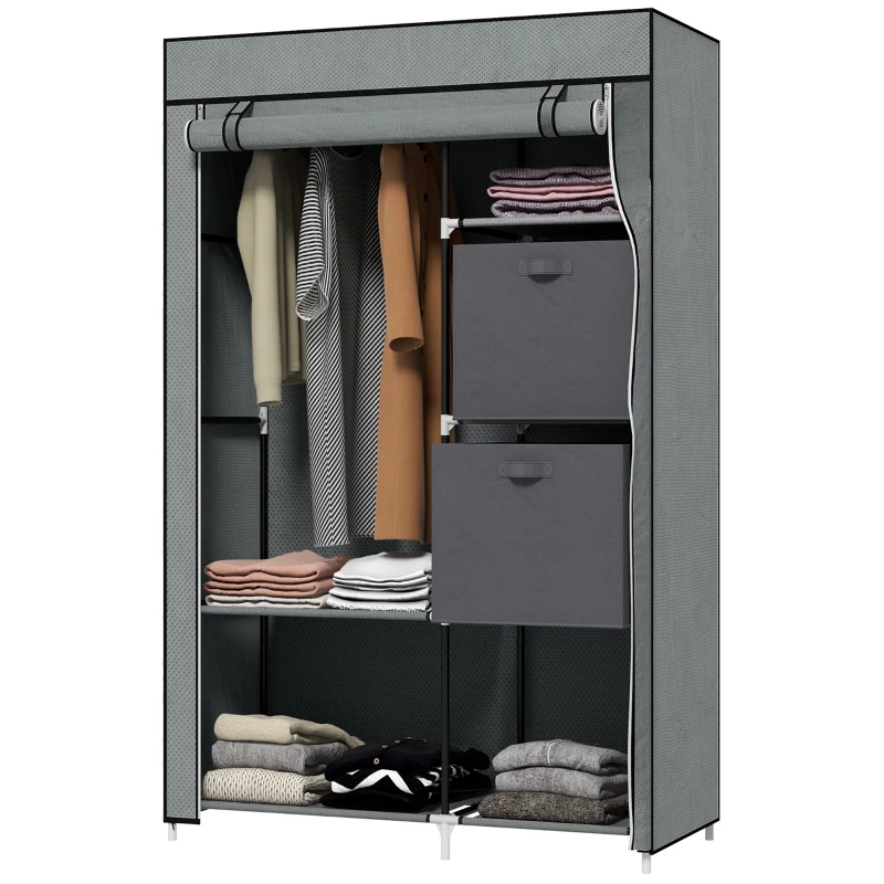 HOMCOM Fabric Wardrobe, Portable Wardrobe, Clothes Storage Unit with 5 Compartments, Hanging Rail and 2 Fabric Drawers, 102 x 42.5 x 162.5cm, Dark Grey