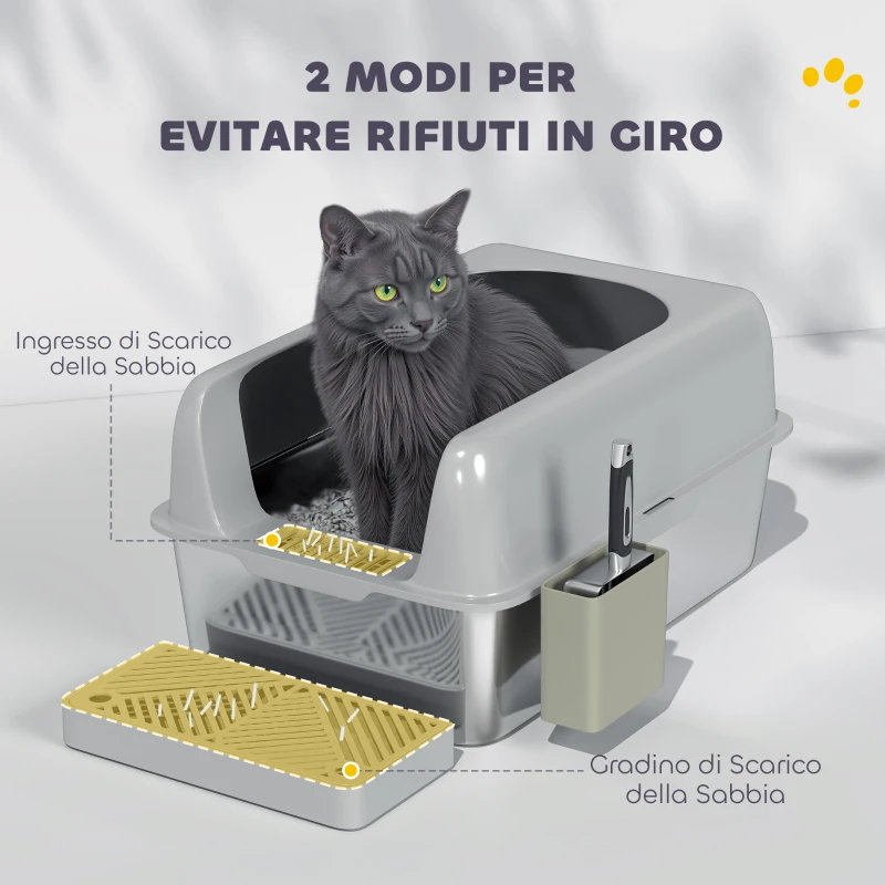 PawHut Lettiera per Gatti con Gradino, Paletta e Box Portaoggetti, in Acciaio Inox e ABS, 60.2x40.6x29 cm, Grigio Chiaro