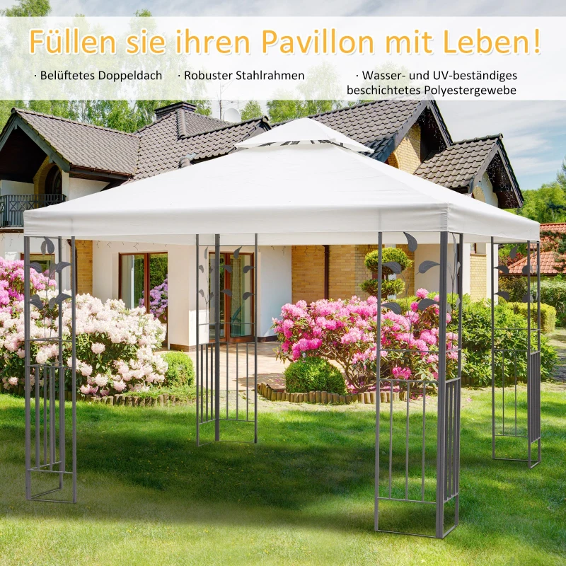 Outsunny Gartenpavillon mit Blatt-Design Pavillon 2,95 x 2,95 m stahlrahmen Doppeldach atmungsaktiv Partyzelt Festzelt Polyester Cremeweiß