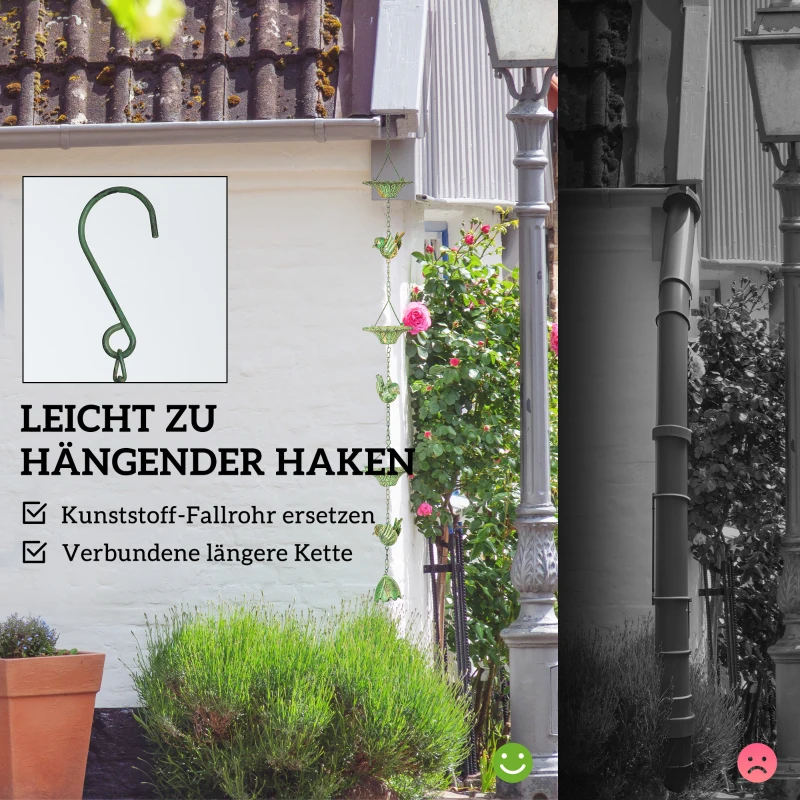 Outsunny 3er Set Regenkette 123cm Regenablaufkette aus Metall Ablaufkette mit befestigtem Aufhänger Vögeln Bell Grün