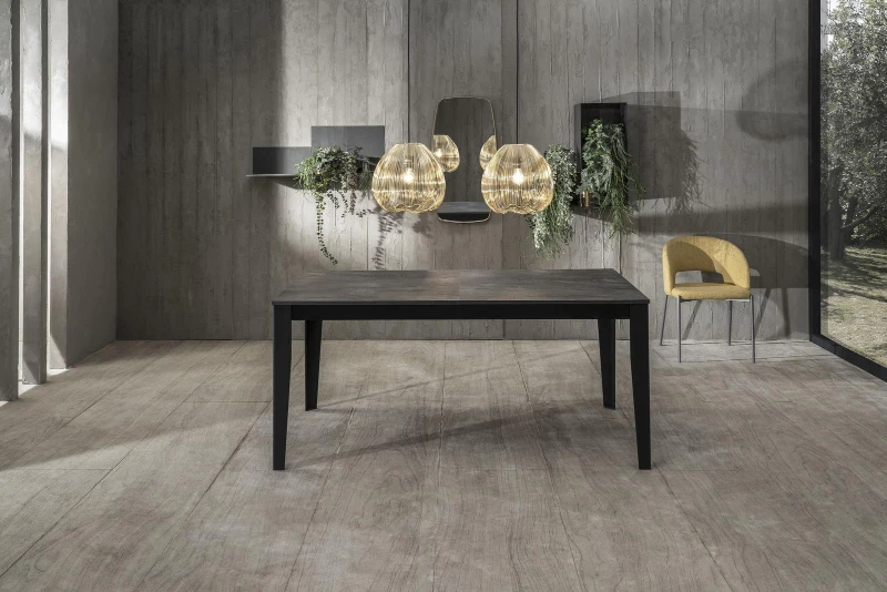 E-STYLO Tavolo allungabile con top in melaminico cemento grigio e base in metallo nero, 90cm X 156/316cm H.76cm