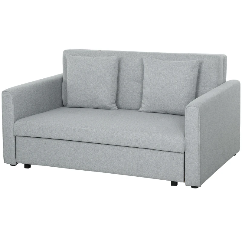 HOMCOM 2 Seater Sofa Bed with Hidden Storage, Pull Out Convertible Bed Settee, Modern Linen Loveseat Sofa Sleeper with 2 Cushions for Living Room, Guest Room, Light Grey