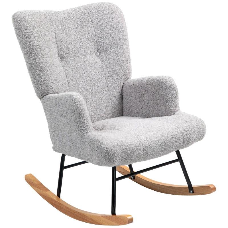 HOMCOM Silla Mecedora de Borreguito con Respaldo Capitoné y Base de Madera de Caucho para Salón o Dormitorio 65x88x87 cm Gris