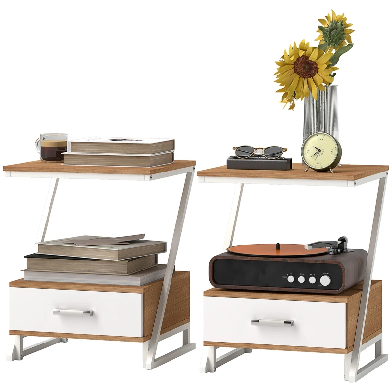 HOMCOM Conjunto de 2 Mesas Cabeceira Mesas Auxiliares em Forma de Z com Gaveta e Compartimento 40x35x50 cm Madeira e Branco