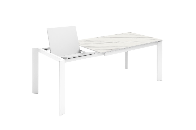 E-STYLO Tavolo allungabile con top in ceramica marmo bianco e base in metallo bianco, 90cm X 140/190cm H.76cm