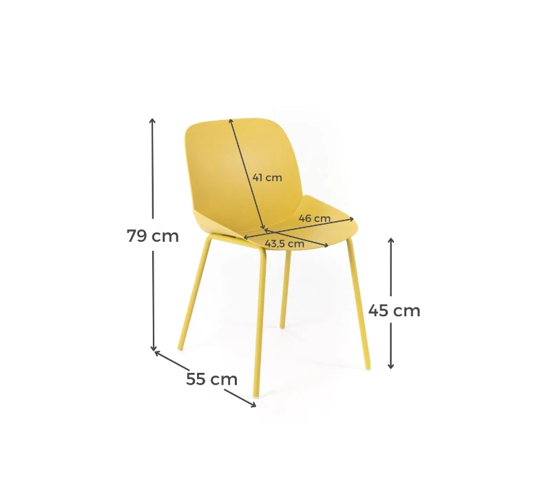 E-STYLO Sedia da pranzo in polipropilene senape e gambe in metallo senape, 55cm X 46cm H. 79cm.