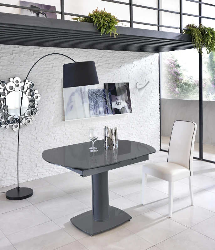 E-STYLO Tavolo allungabile con top grigio in vetro temperato e base in metallo grigio, 90cm X 120/180cm H.76cm
