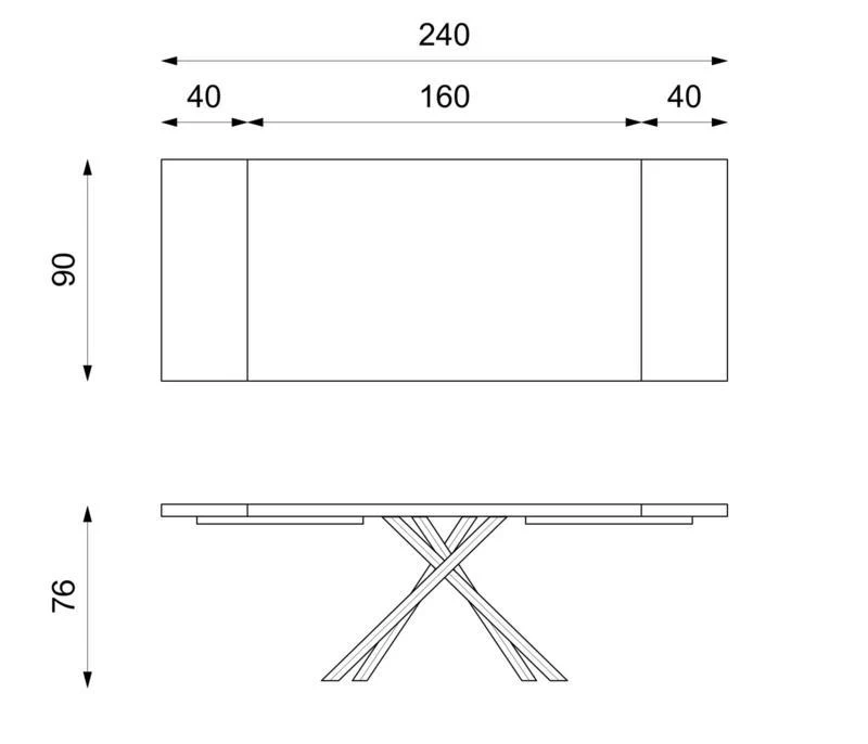 E-STYLO Tavolo fisso top in rovere termocotto e gambe in metallo nero, 90cm X 160/240cm H. 76cm.