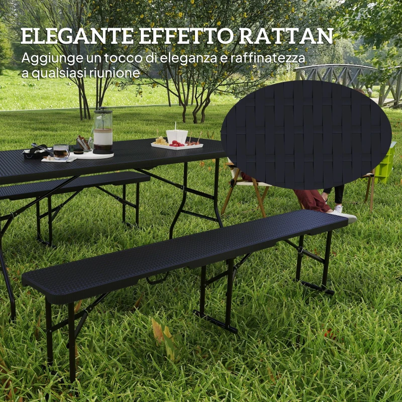 Outsunny Set da Pic Nic Pieghevole a 3 Pezzi con Tavolo e 2 Panche in HDPE e Metallo, Nero