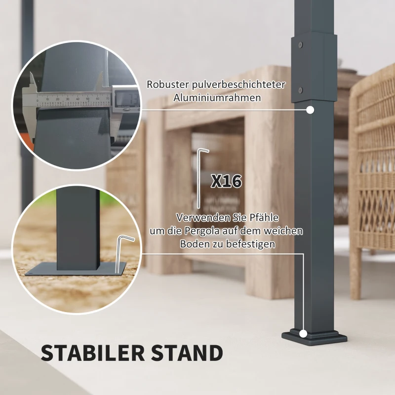 Outsunny Pergola Pavillon ca. 3,5x3m Aluminium Stabil winterfest Sonnenschutz mit verstellbares Schiebedach Grau(m-6)