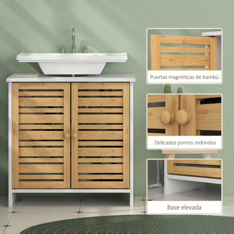 HOMCOM Conjunto de Mueble Bajo Lavabo y Columna Auxiliar con Estantes Ajustables y Puertas de Bambú Blanco y Natural