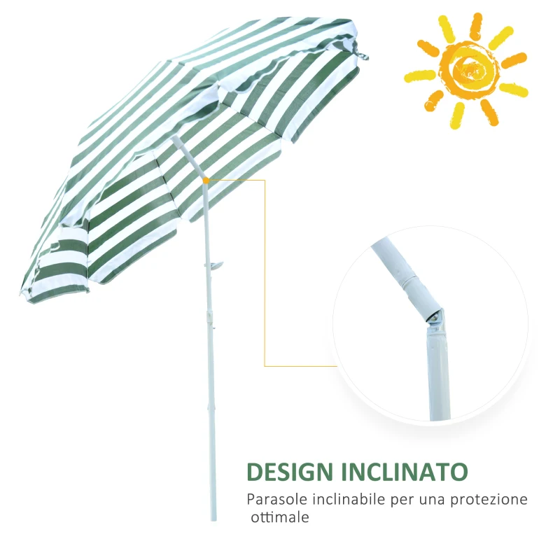 Outsunny Ombrellone da Spiaggia Inclinabile e Rotondo in Metallo e Poliestere, Ø1.8x2 m, Verde e Bianco