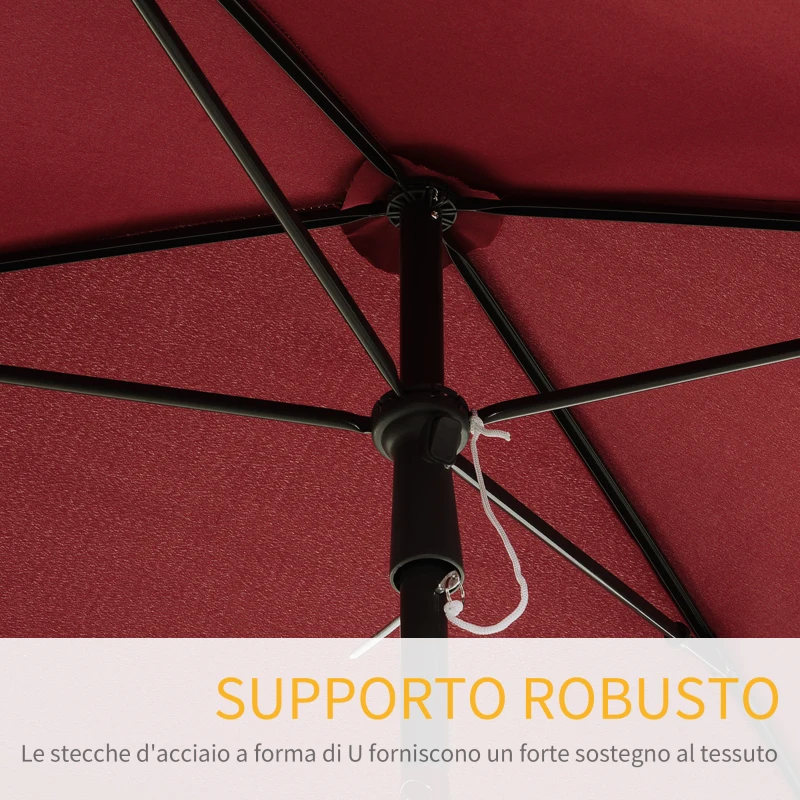 Outsunny Ombrellone da Giardino Rettangolare e Regolabile con Palo in Alluminio, 2x1.3x2.5 m, Rosso Vino