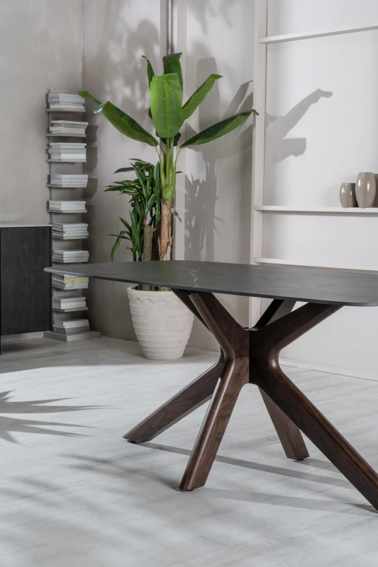 E-STYLO Tavolo fisso con top marmo nero in ceramica e base in massello di noce, 90cm X 180cm H.76cm