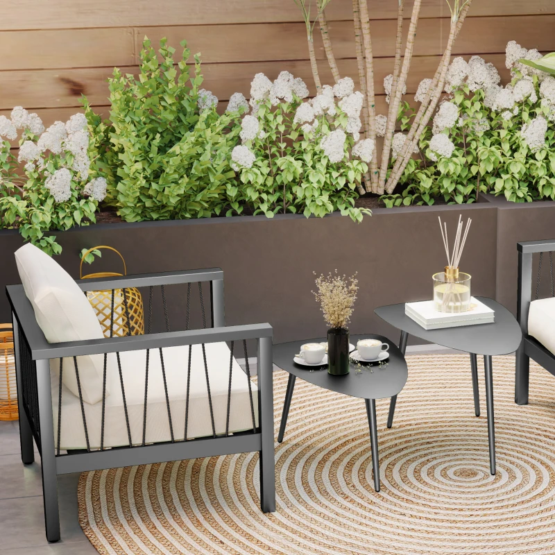 Outsunny Salontafelset, 2-delig, weerbestendige balkontafel van staal, bijzettafel in geometrisch ontwerp, zwart