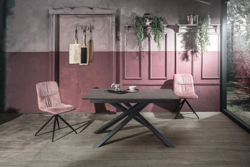 E-STYLO Tavolo allungabile con top marmo antracite in melaminico e base in metallo nero, 90cm X 140/190cm H.76cm