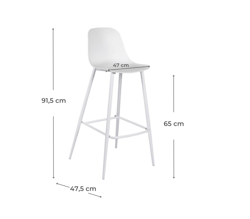 E-STYLO Sgabello da cucina in polipropilene bianco e gambe in metallo bianco con poggiapiedi, 47.5cm X 47cm H. 91.5cm.
