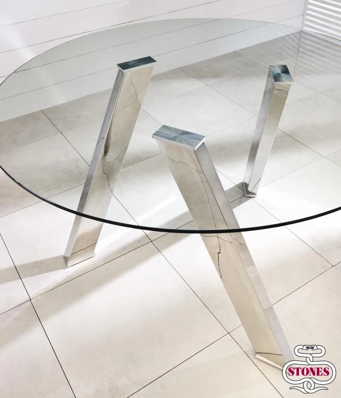 E-STYLO Tavolo fisso con top in vetro temperato e gambe in metallo grigio cromato, 120cm X 120cm H. 75cm.