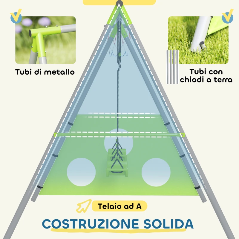 AIYAPLAY Gioco per Bambini 3 in 1 con Altalena da Giardino, Canestro e Porta da Calcio, 238x180x182 cm,, Verde e Grigio