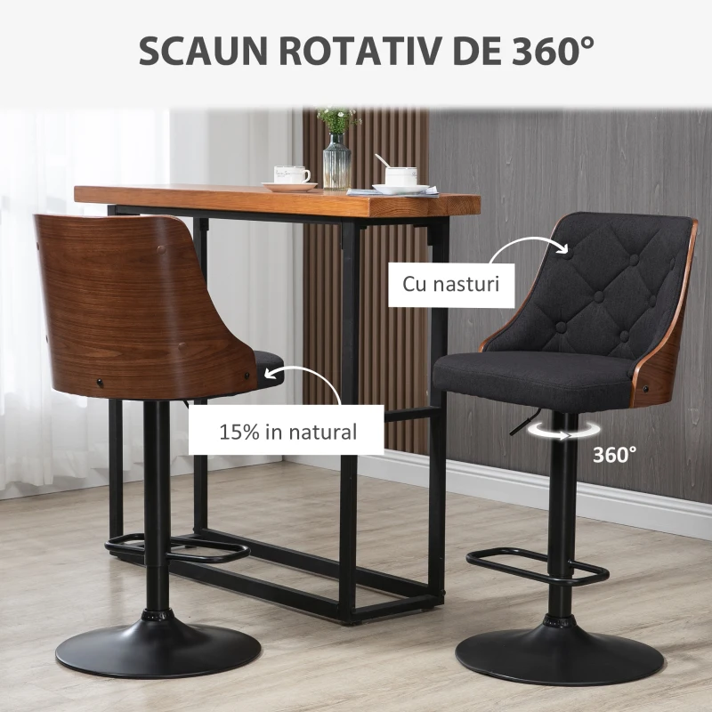 HOMCOM Set de 2 scaune de bar cu inaltime reglabila, scaune de bar pivotante cu inaltime reglabila, cu suport pentru picioare, scaune de bar din tesatura de in, negru(m-4)
