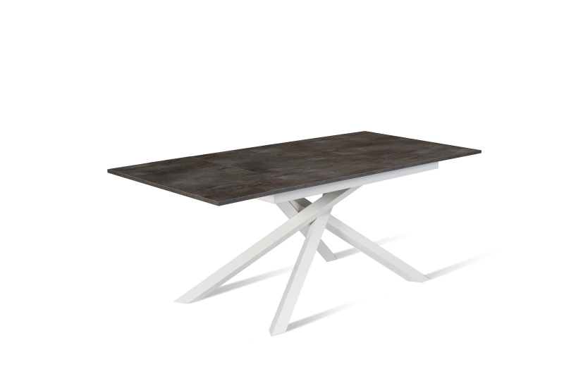 E-STYLO Tavolo allungabile con top cemento grigio in melaminico e base in metallo bianco, 90cm X 140/190cm H.76cm
