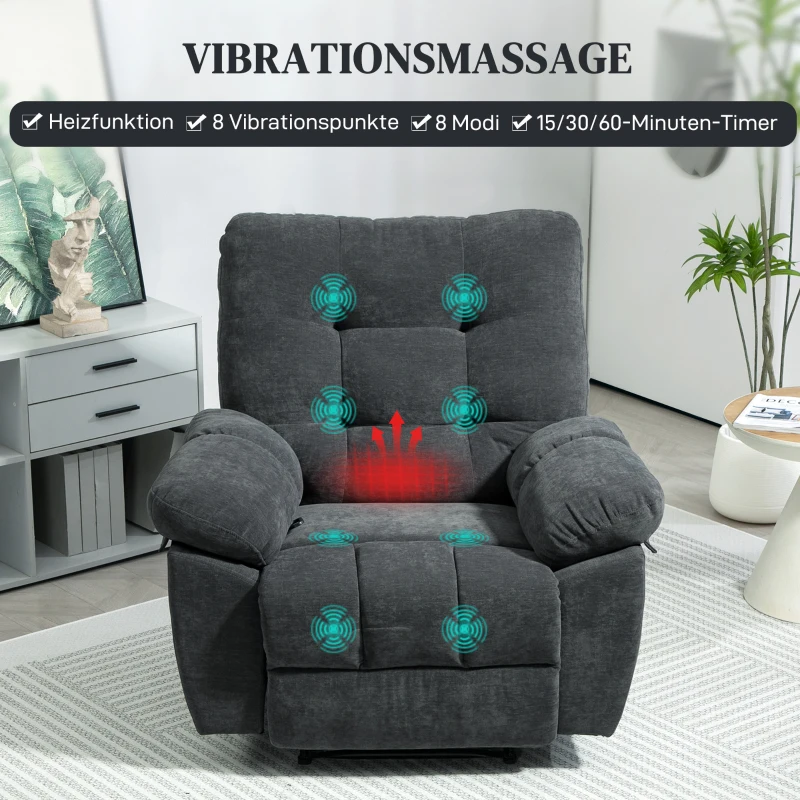 HOMCOM Fotel Recliner, Masażer Polstersessel z 8 Punkty Wibracji, Regulowanym Podnóżkiem, Boczną Kieszonką, Szary