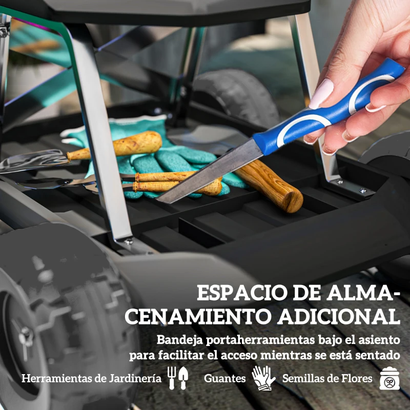 Outsunny Asiento de Jardín con Ruedas Taburete de Jardinería con Bandeja de Herramientas Carga 130 kg 50x49x32 cm Negro