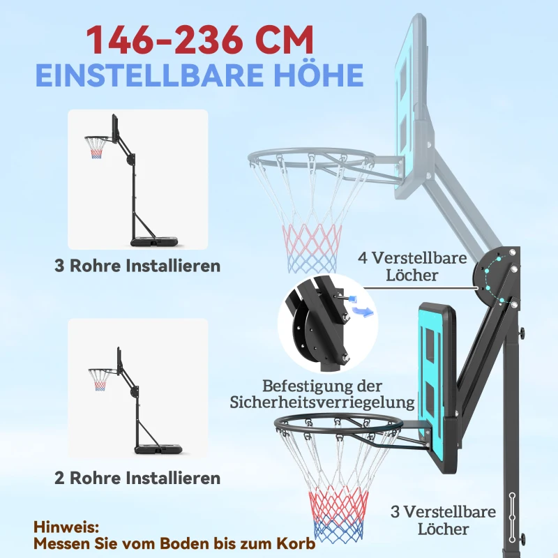 SPORTNOW Basketballkorb, 146-236 cm höhenverstellbar, Basketballständer, rollbar, Stahl, Kunststoff, Schwarz
