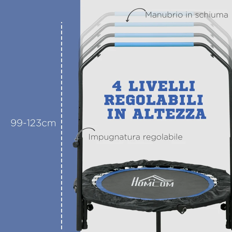 HOMCOM Mini Trampolino Fitness Ø102 cm Pieghevole con Manubrio Regolabile in Altezza, Blu
