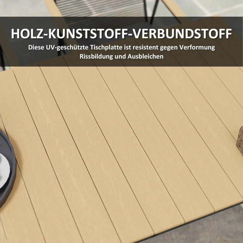 Outsunny Sitzgruppe 7-teilig Metall Essgruppe für 6 Personen Esstisch mit Tisch 6 Stühlen Esszimmergruppe Naturholz+Schwarz