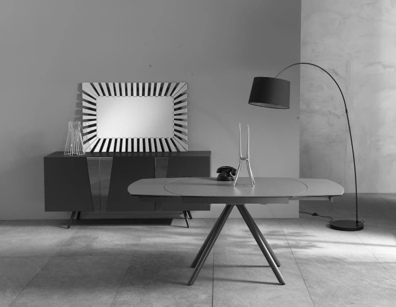 E-STYLO Tavolo allungabile con top grigio grafite in ceramica su vetro temperato gambe in metallo antracite, 90cm X 120/180cm H.76cm