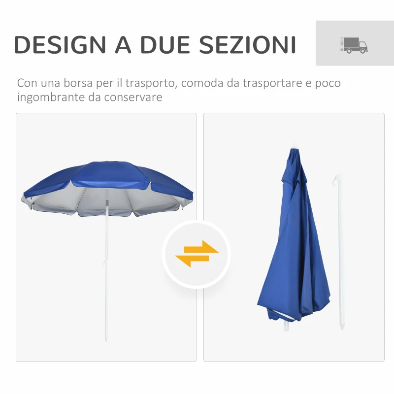 Outsunny Ombrellone da Spiaggia Inclinabile con Tendine Laterali, in Poliestere e Acciaio, Ø191x211 cm, Blu e Bianco