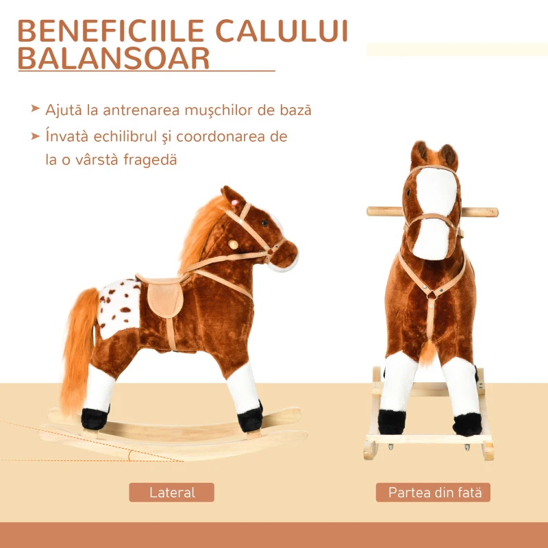 HOMCOM Căluț Balansoar din Lemn pentru Copii 3-6 Ani cu Sunet de Animal și Șa, 74x28x65 cm, Maro