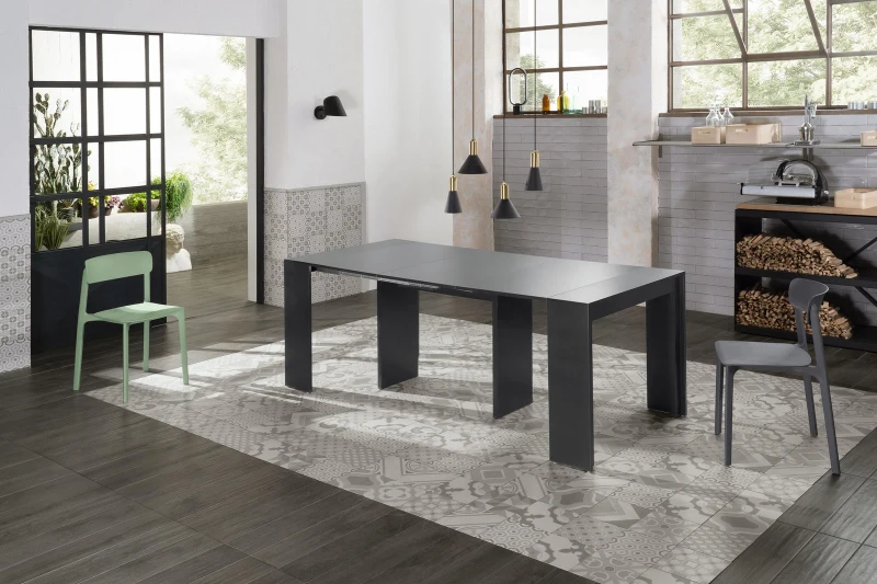 E-STYLO Consolle allungabile con top nero in MDF laccato antigraffio e gambe nero in MDF laccato antigraffio, 90cm X 42,5/302,5cm H.76cm