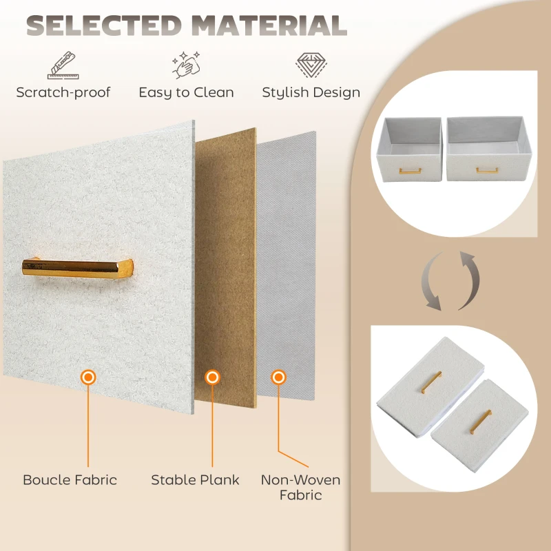 HOMCOM Boucle Chest of Drawers, 8 Fabric Drawers Storage Organiser with Charging Station, 2 USB and 2 AC Ports, Steel Frame, Fabric Dresser for Living Room, Bedroom, Hallway, Cream White