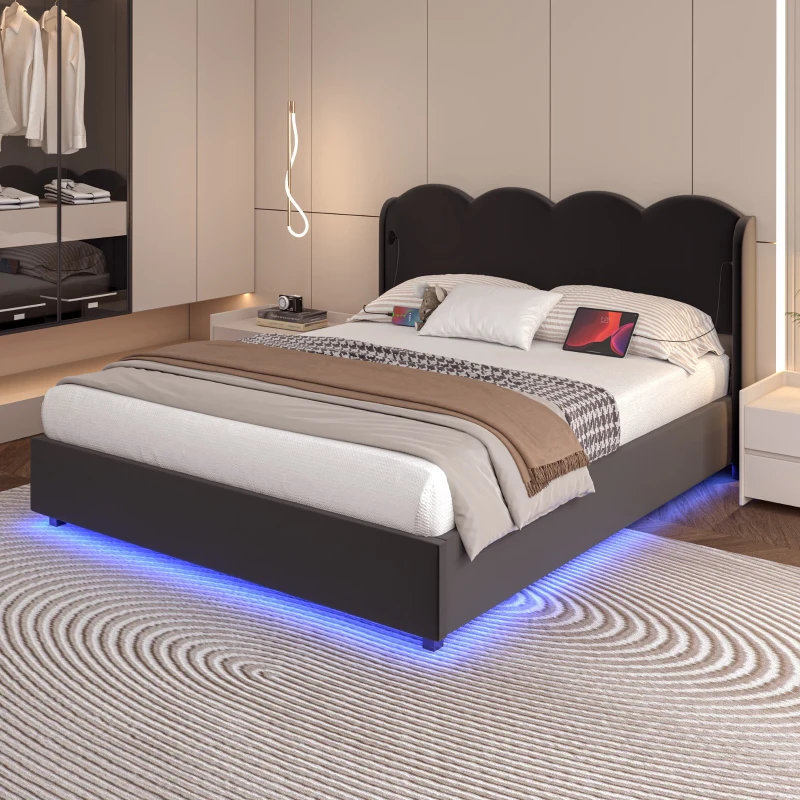 Doppelbett mit wellenförmigem Kopfteil, LED-Licht, hydraulischem Stauraum, Stoff in Samtoptik, 140×200 cm, ohne Matratze, Schwarz