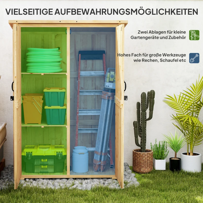 Outsunny Gartenlagerschuppen, Holzschuppen für Werkzeug und Gartengeräte, Asphalt-Dach, Doppeltüren, Fichtenholz, Hellbraun(m-4)