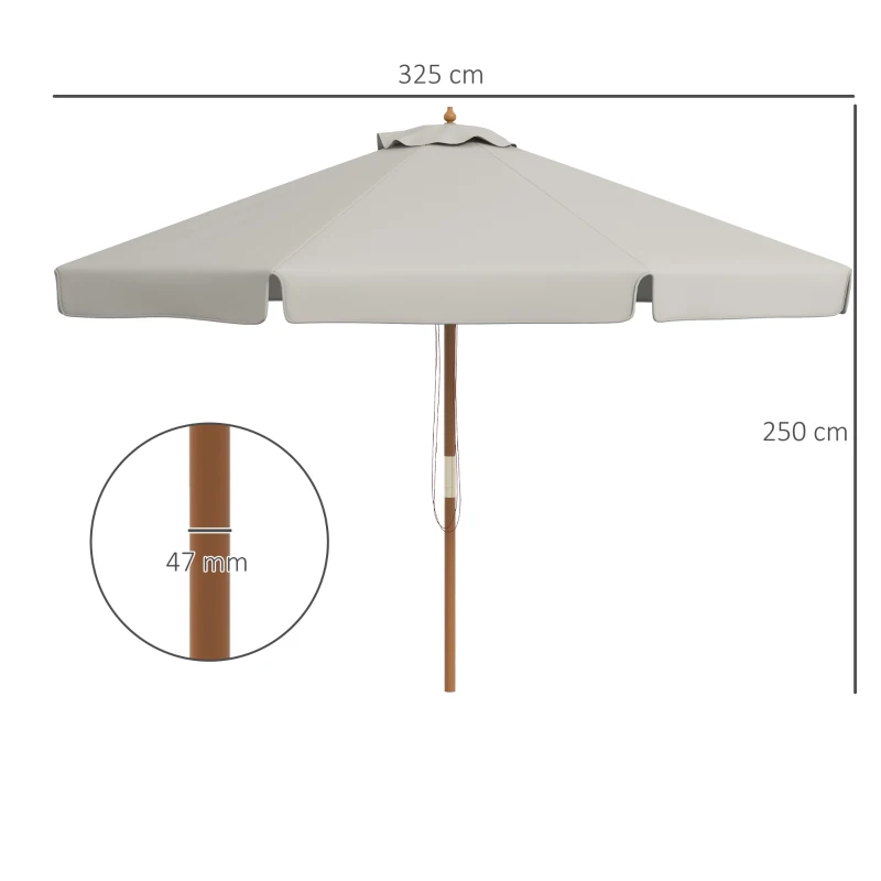 Outsunny Garten- und Terrassenschirm Ø325 cm mit Seilwindensystem Belüftetes Dach und 8 Bambusstäben für Patio Grau