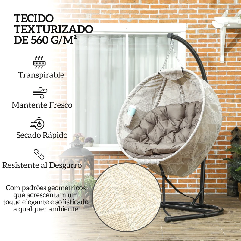 Outsunny Cadeira Suspensa com Suporte Cesto Dobrável de Malha Dupla com Almofada e Apoio para Copos 106x114x178 cm Areia e Preto