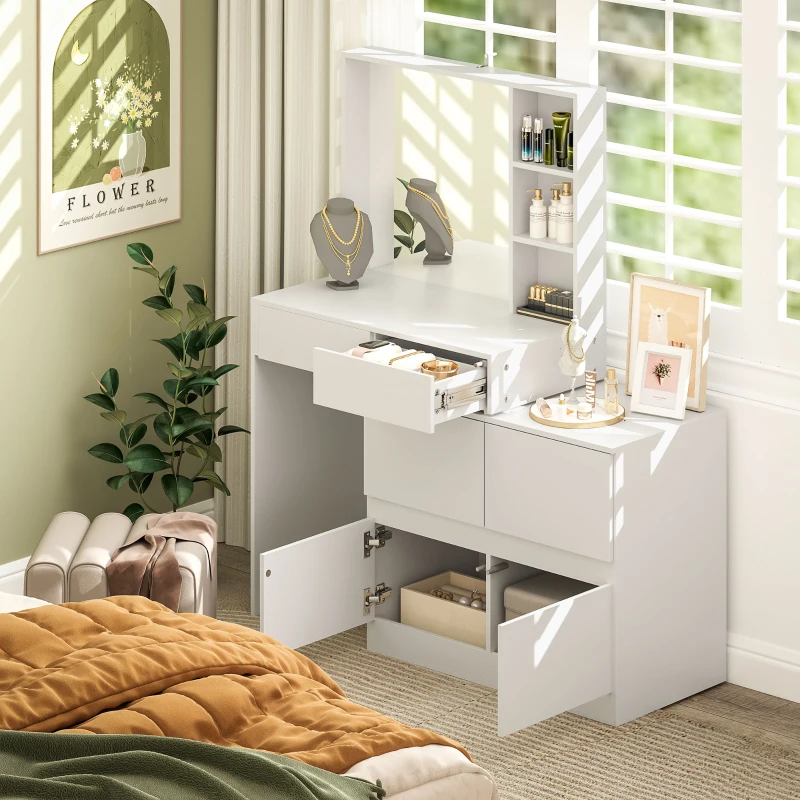 HOMCOM Kaptafel, Makeup-Tafel met Grote Spiegel, 4 Laden, 3 Open Vakken, 2 Kasten, MDF, Wit(m-2)