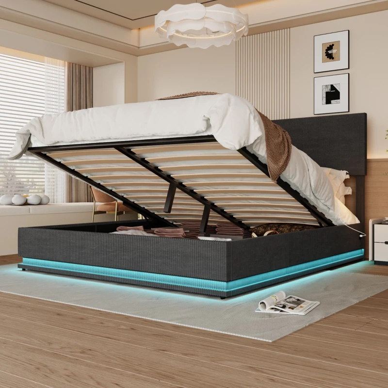 Letto matrimoniale con spazio contenitore e testiera regolabile in altezza (materasso non incluso), 180x200 cm, Grigio Scuro