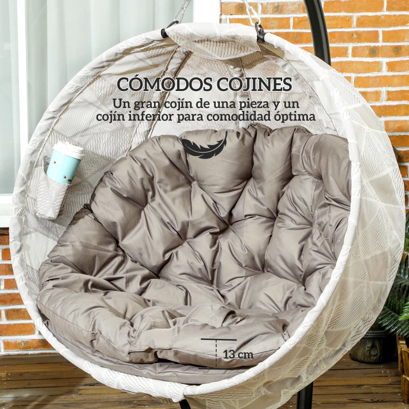 Outsunny Silla Colgante con Soporte Cesta Plegable de Malla Doble Cojín para Interior y Exterior Carga 120 kg Arena y Negro