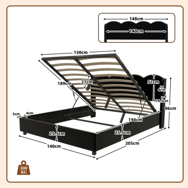 Doppelbett mit wellenförmigem Kopfteil, LED-Licht, hydraulischem Stauraum, Stoff in Samtoptik, 140×200 cm, ohne Matratze, Schwarz