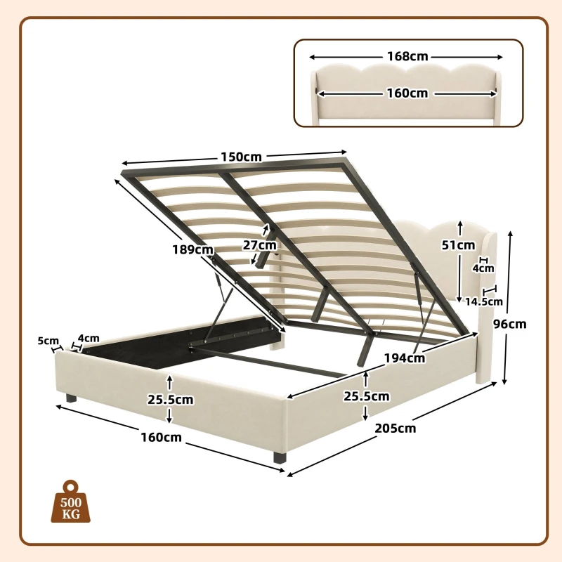 Doppelbett mit wellenförmigem Kopfteil, LED-Licht, hydraulischem Stauraum, Stoff in Samtoptik, 160×200 cm, ohne Matratze, Beige