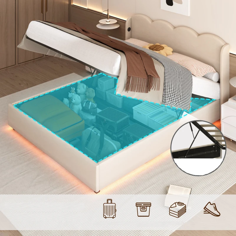 Doppelbett mit wellenförmigem Kopfteil, LED-Licht, hydraulischem Stauraum, Stoff in Samtoptik, 140×200 cm, ohne Matratze, Beige