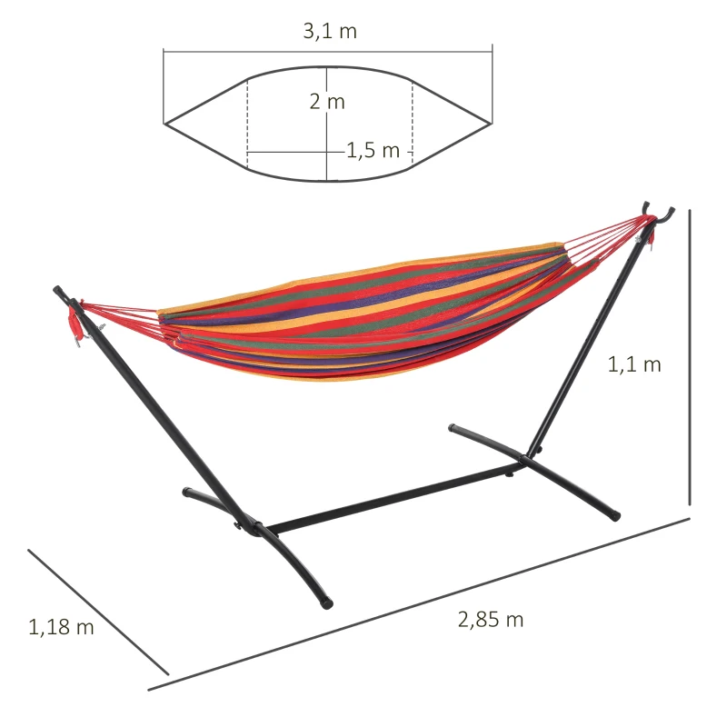 Outsunny Cama Rede com Suporte de Aço Portátil com Altura Ajustável em 6 Níveis com Bolsa de Transporte para Jardim Sala de Estar Carga Máxima 150kg 200x150cm Multicor