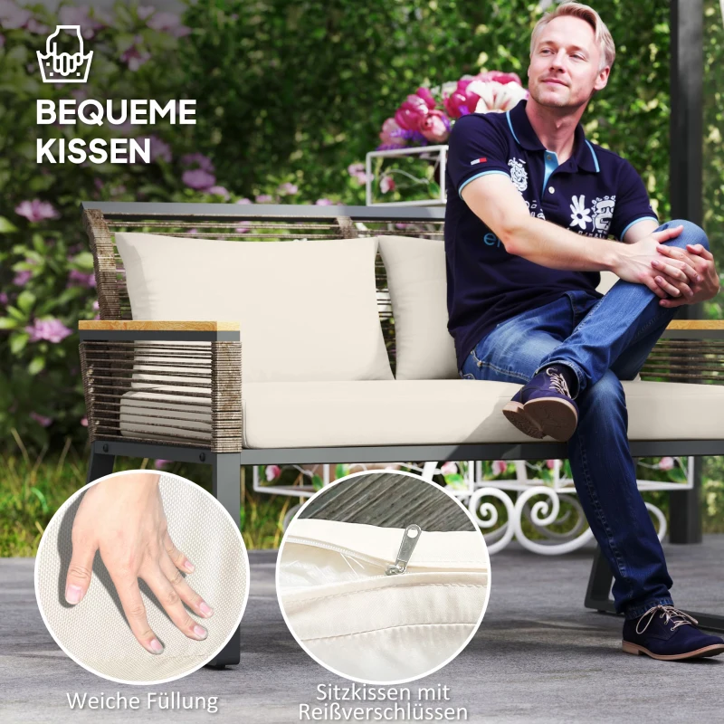 Outsunny Zestaw mebli ogrodowych Polyrattan dla 4 osób wodoodporny Zestaw balkonowy z sofą dla 2 osób, 2 krzesła Stolik z hartowanego szkła Poduszki Beżowy