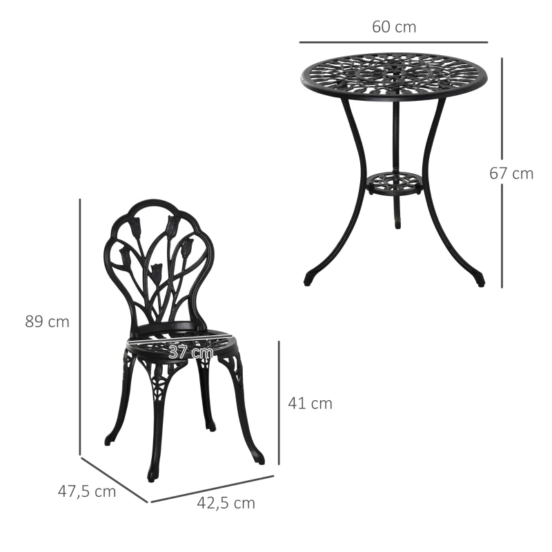 Outsunny Conjunto de Mesa e Cadeiras de Exterior 3 Peças de Alumínio com Encosto com Padrão de Tulipa e Mesa com Orifício para Chapéu de Sol Preto