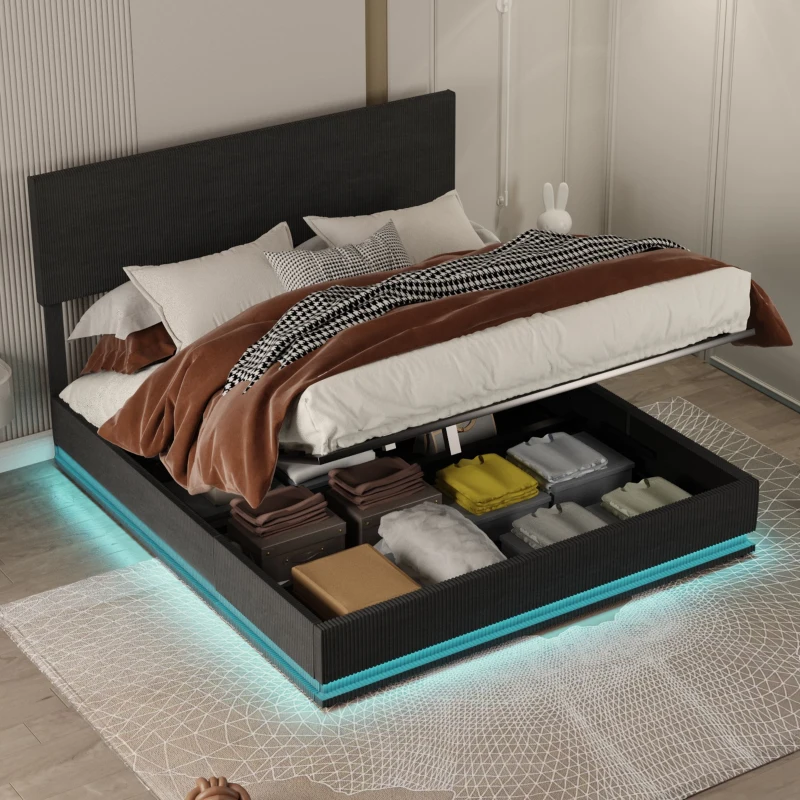 Doppelbett mit Stauraum, 140x200 cm, höhenverstellbares Kopfteil, ohne Matratze, Dunkelgrau